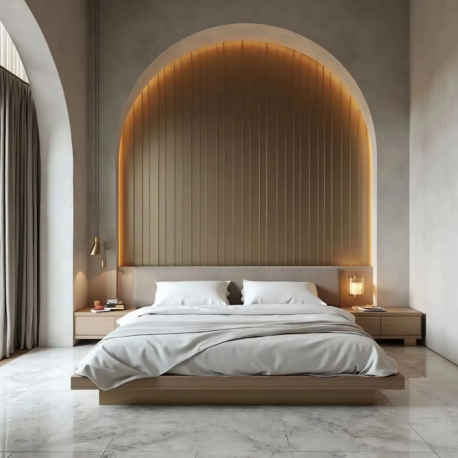 Render di una camera da letto con nicchia ad arco, boiserie in legno retroilluminata e letto basso