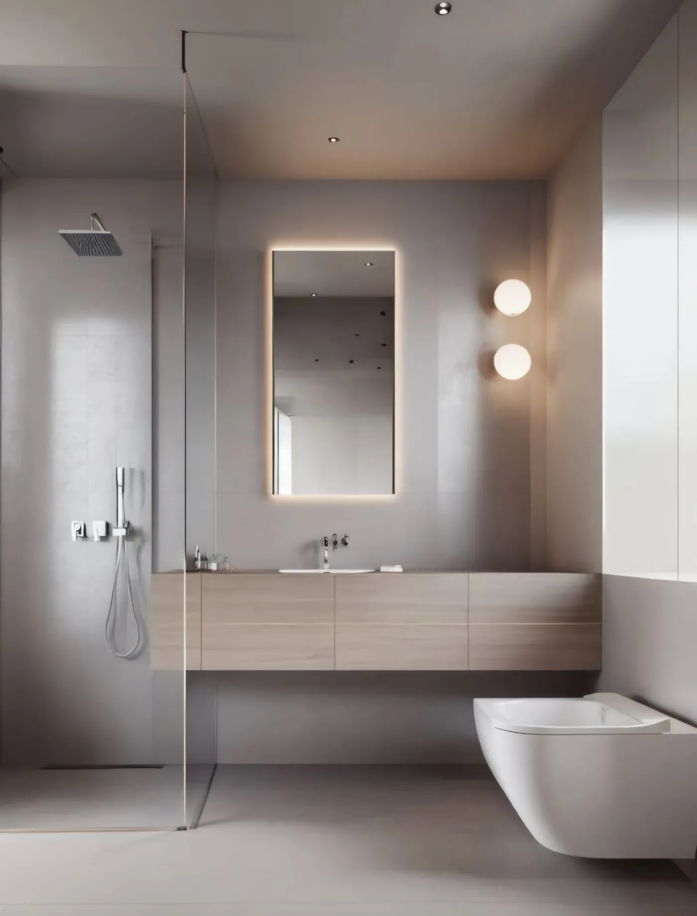 Render di bagni con marmo, piastrelle scure e mobili sospesi in legno